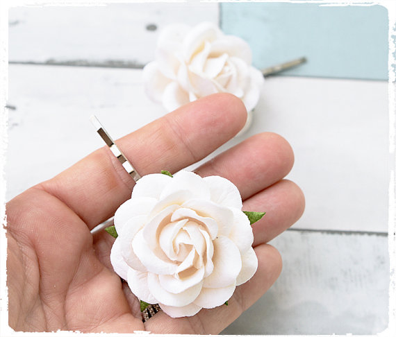 Hochzeit - Small Mini Rose Flower Wedding Bridal Hair Pin - Ivory Cream - Flower Girl Hair Clip