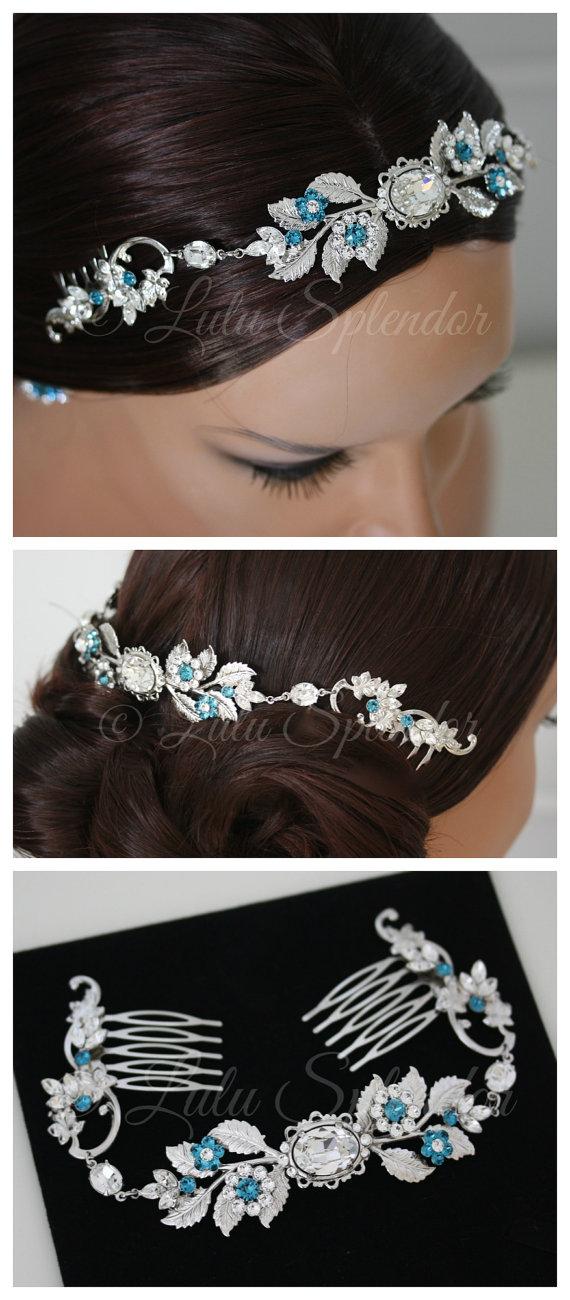 زفاف - Bridal Crystal Headpiece Teal Blue Wedding Comb Leaf Hair Accessory Crystal Wedding Hair Piece Bridal Hair Jewelry CHRISTA