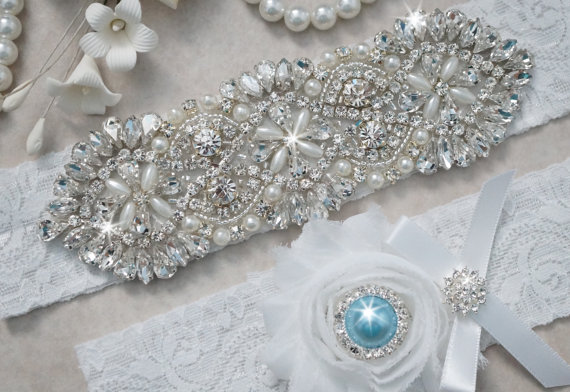زفاف - SALE-HANNAH Style A- Bridal Garter, Wedding Garter Set, White Lace Garter, Glass Crystal Garter, Something Blue