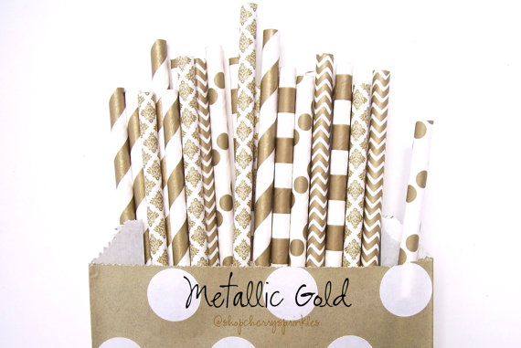 Wedding - Gold Paper Straws for Weddings Showers or Special Occasion -Gold Straws -Gold Damask, Gold Polkadot Metallic Gold, Gold Wedding Decor *Gold