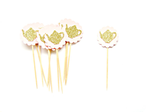 زفاف - 12 Pale Pink & Gold Glitter Teapot Cupcake Toppers - wedding, engagement, birthday, baby shower, tea party
