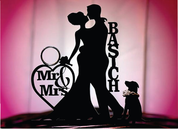 Свадьба - DOG + BRIDE + GROOM Personalized Silhouette Wedding Cake Topper + Pet Dog Mr & Mrs Monogram Wedding Cake Topper Bride and Groom Cake Topper