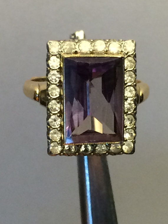 Wedding - Vintage Sapphire Ring with White Topaz Accents in 10k Gold. Purple Color Change Sapphire. Art Deco Cocktail Ring. Unique Engagement Ring.