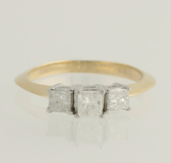 زفاف - Princess Cut Diamond Engagement Ring - 14k Yellow & White Gold Knife Edge .75ctw Unique Engagement Ring L5133