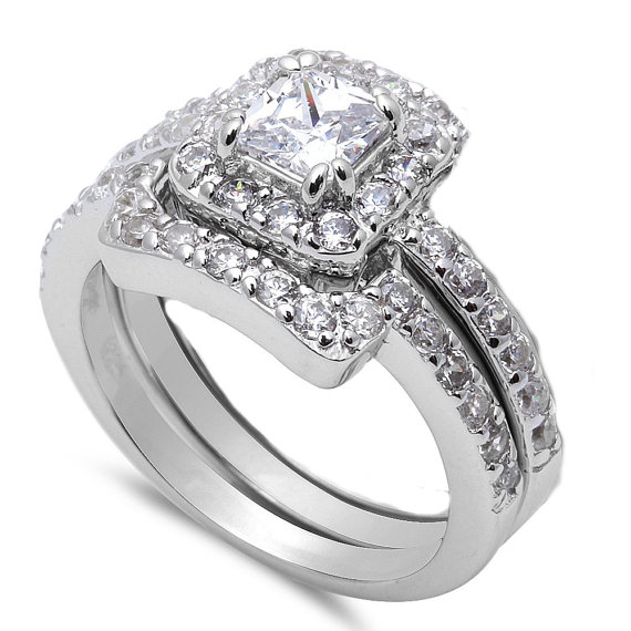 زفاف - Wedding Engagement Anniversary Ring Trio Set Solid 925 Sterling Silver 0.40 Carat Princess Cut Square Round Diamond CZ Halo Three piece Ring