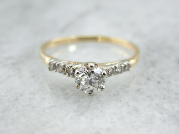 Hochzeit - Vintage Diamond Engagement Ring in Yellow and White Gold