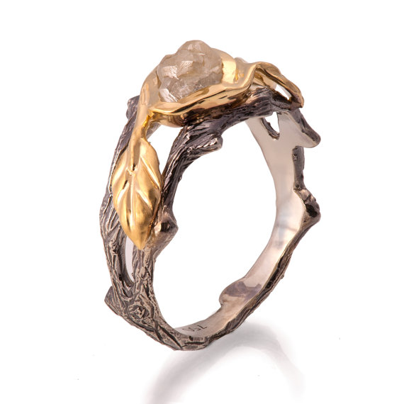زفاف - Twig and Leaf Engagement Ring - 18K Two Tone Gold and Rough Diamond ring, Unique Engagement ring, rough diamond ring, raw diamond ring