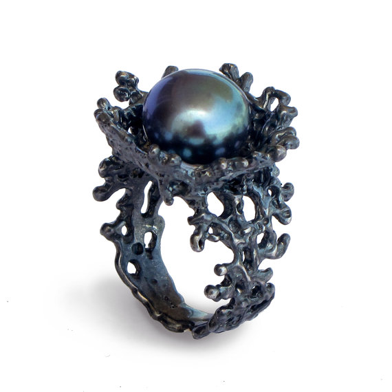 زفاف - CORAL FLOWER Black Pearl Ring, Black Ring, Black Engagement Ring, Black Pearl Engagement Ring, Alternative Flower Ring