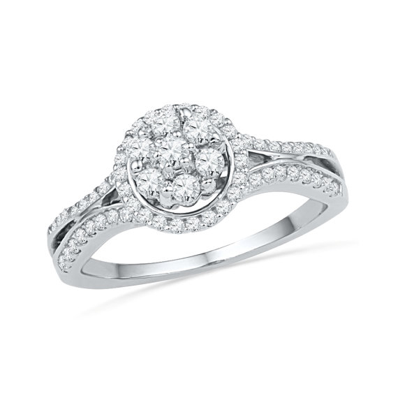 Wedding - Cluster Halo Engagement Ring With 1/2 CT. T.W., White Gold or Sterling Silver Diamond Engagement Ring For Women