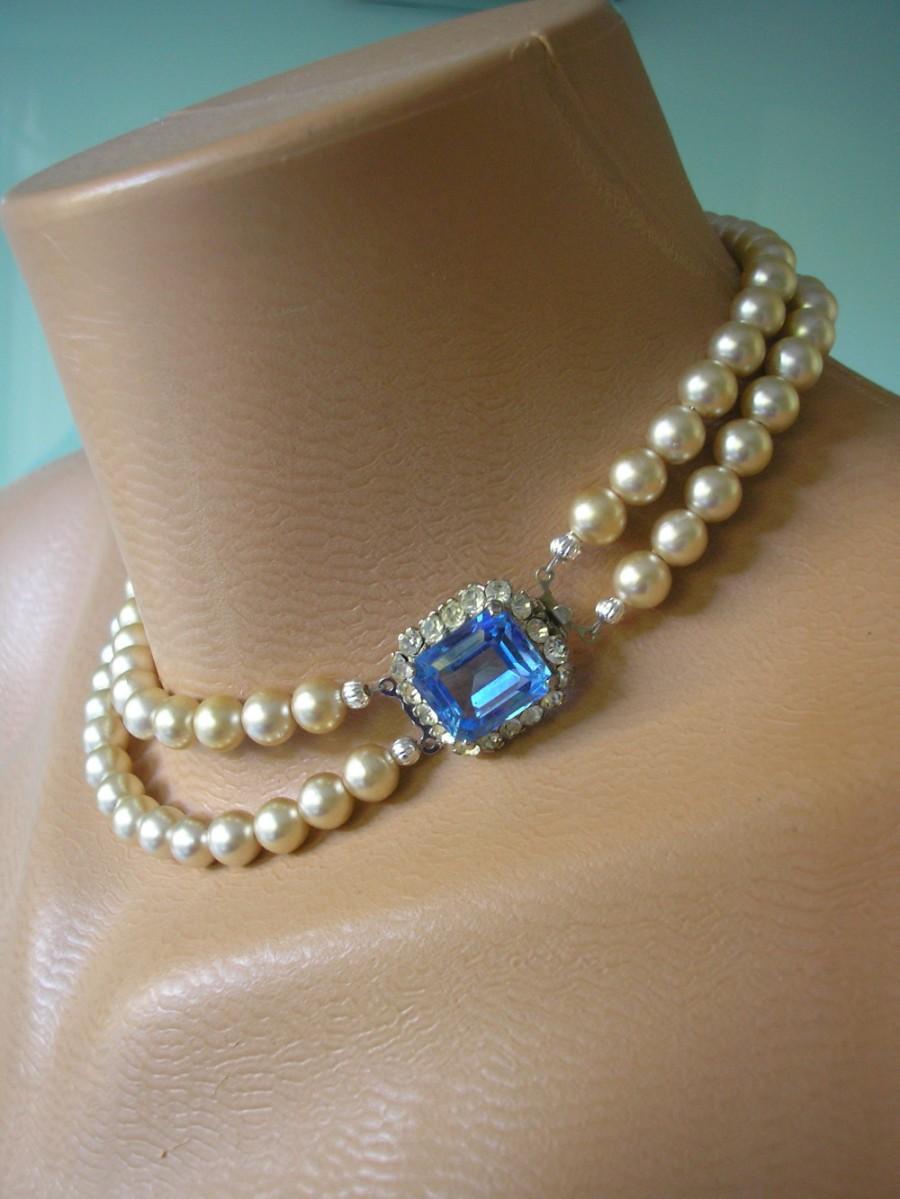 زفاف - Vintage Light Sapphire and Pearl Choker Necklace