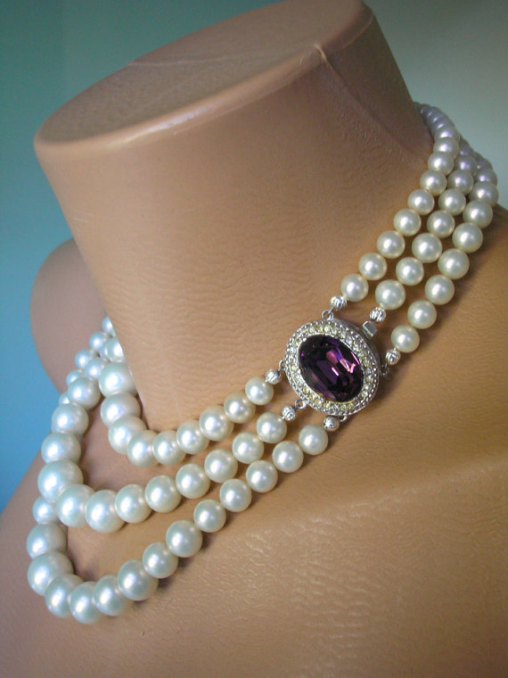 Hochzeit - AMETHYST and Pearl Necklace, Purple Bridal Choker, Great Gatsby, Art Deco, Rhinestone Necklace, Wedding Jewelry, Bridal Necklace, Vintage