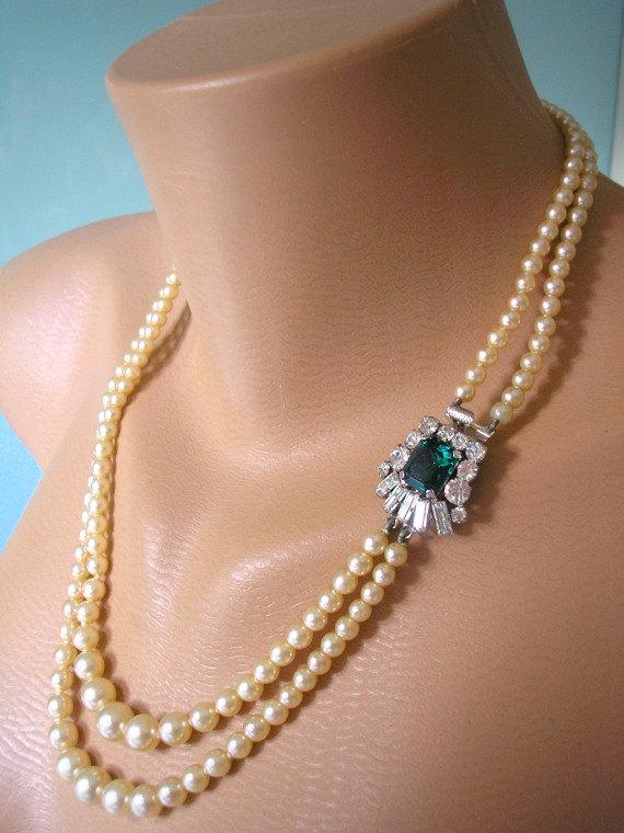 Свадьба - EMERALD Necklace, Rhinestone Necklace, Gatsby Jewelry, Wedding Jewelry, Bridal Necklace, Pearl Necklace, Bridal Accessories, Bridal Pearls