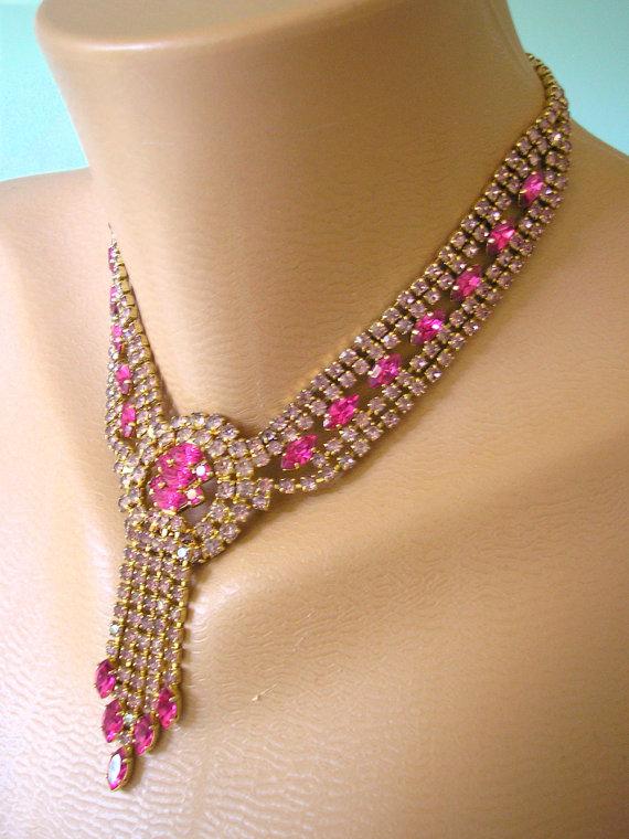 Wedding - PINK Bridal Necklace, Pink Rhinestone Choker, Great Gatsby Jewelry, Wedding Necklace, Bridal Accessories, Pink Wedding, Jewelry, Art Deco