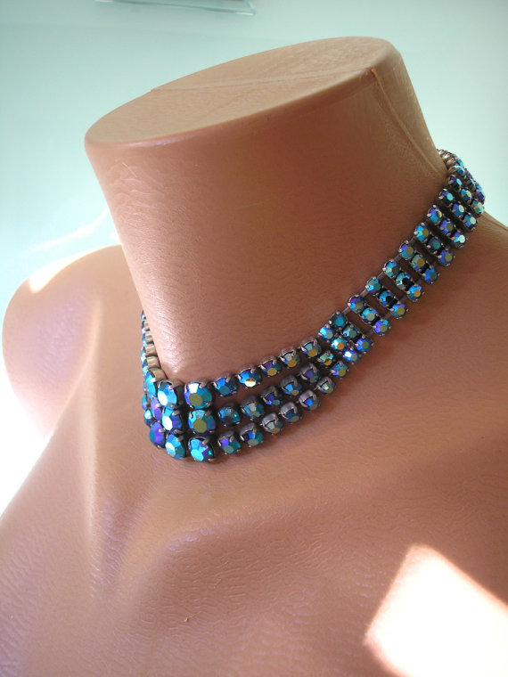 Wedding - PEACOCK BLUE Choker, Aurora Borealis, Blue and Green, Bridal Necklace, Mother of the Bride, Prom, Peacock Rhinestone, Blue Jewelry, Collar