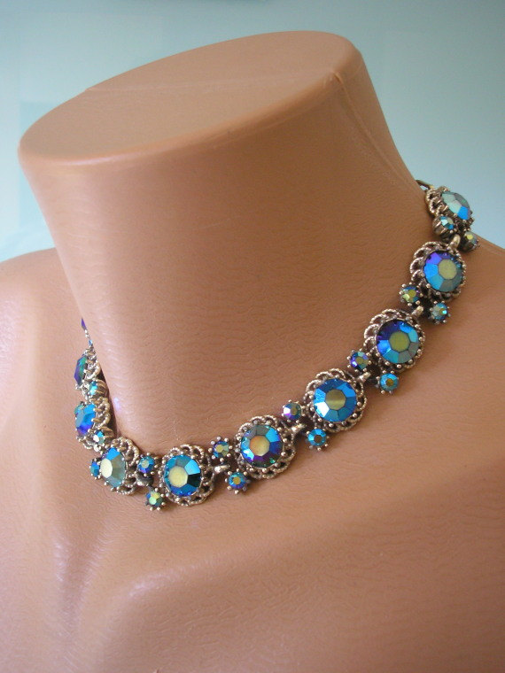 Wedding - PEACOCK BLUE Choker, Necklace and Earring, Aurora Borealis, Blue and Green, Bridal Necklace, Prom, Demi Parure, Peacock Rhinestone