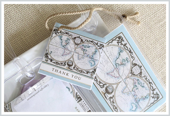 Wedding - 100 Map Favors Vintage Luggage Tag with clear loop strap thank you tag and ribbon or jute simple assembly