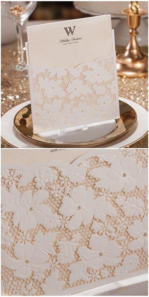 Hochzeit - Graceful White Floral Pearl Laser Cut Wedding Invitations EWWS018