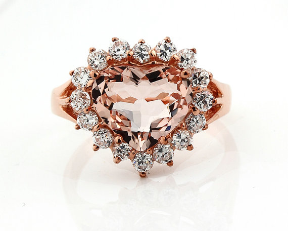 زفاف - Natural Heart Shape  Morganite Solid 14K Rose Gold Diamond engagement Ring