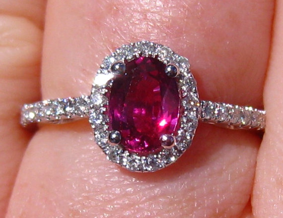 Wedding - Ruby Engagemen Ring, Ruby White Gold Diamond Halo Engagement Ring