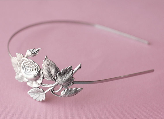 Hochzeit - Rose bridal headband vintage style silver finish antique floral bridesmaid hair accessory wedding garden Victorian