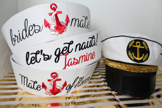 Hochzeit - Bachelorette Party black and gold Captains hat and "BridesMate" Sailor hats set. {5 hats in total}