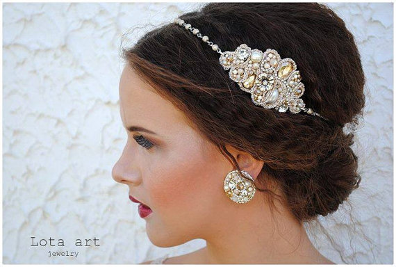 Wedding - Vintage beaded headband - Galadriel-ivory or white- wedding headband- prom headband