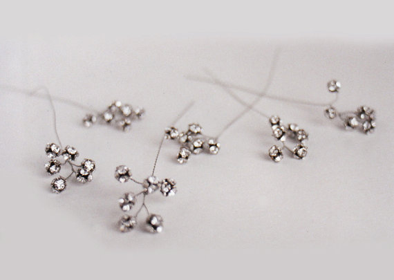 زفاف - Crystal hair pins, Swarovski crystal and oxidized silver hair pin branches - includes 6 pieces