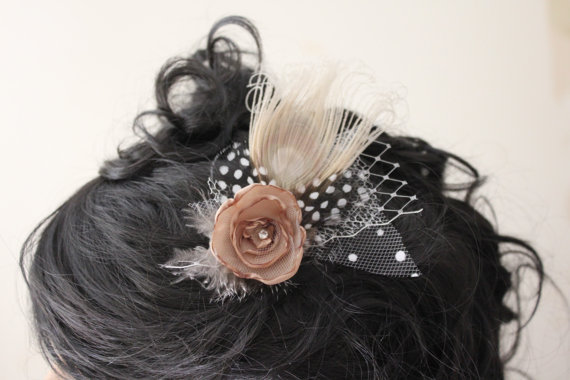 زفاف - WEDDING, FORMAL-Neutral Singed Flower with three layers of tulle, polka dots, guinea and bleached peacock feather  formal headpiece