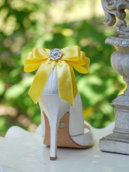 Wedding - Shoe Clips Bow Yellow / Buttercream / Blue / Orange / Nude / Green & Rhinestone. Bright Fashion Couture, Ivory / White Pearls Satin Ribbon