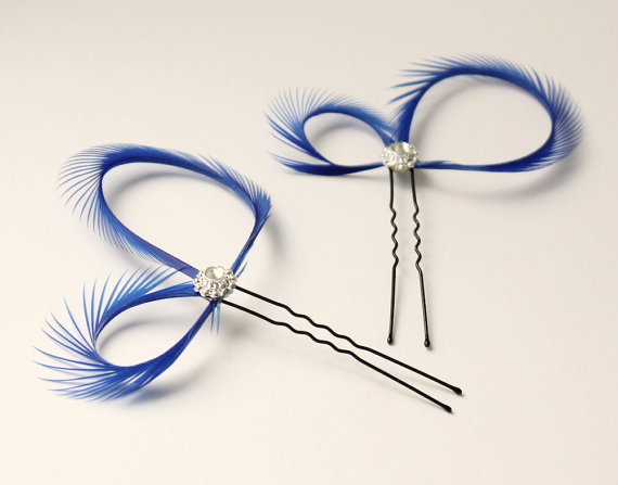 زفاف - Blue Fascinators - Bridesmaids Gift - Blue Feather Hair Accessory - Cobalt Blue - Set of 2 Two - Blue - Bridal Accessory - Something Blue