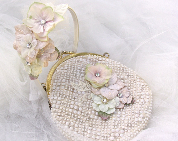 Mariage - Girl's Vintage Purse And Flower Headband Set In Ivory And Blush Pink With Lace &  Crystals, Flower Girl,  Prom, Hair Flower, Hair Accessory