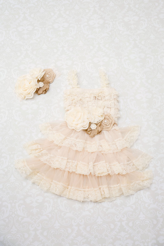 Hochzeit - Country Flower Girl Dress-Country Chic Dress- Burlap Flower Girl-Country Wedding-Burlap Belt-Rustic Flower Girl Dresses-Burlap Roses