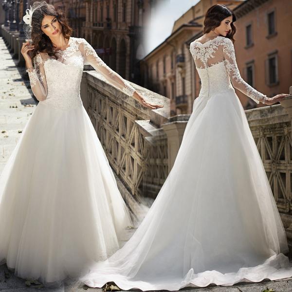 Hochzeit - Vintage Long Sleeve Fall Wedding Dresses 2015 Crew Neck Applique Sheer Tulle Illusion Lace Bridal Dresses Ball Gowns A-Line Chapel Train Online with $124.61/Piece on Hjklp88's Store 