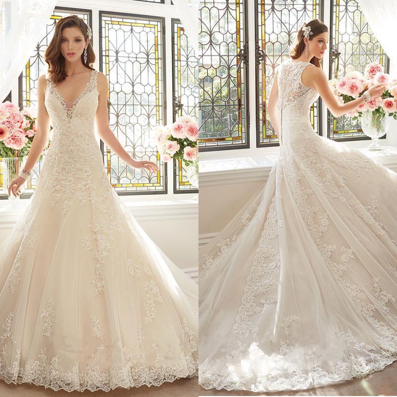 Wedding - High Quality Sheer Wedding Dresses V-Neck Sleeveless Bridal Dress 2015 With Lace Applique Sweep Train Tulle Sleeveless Ivory Ball Gowns Online with $129.95/Piece on Hjklp88's Store 
