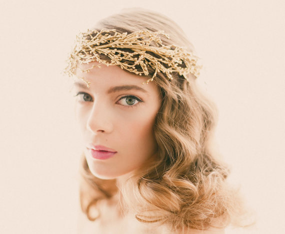 Hochzeit - Golden bridal headpiece, Gold wedding crown, Bridal head piece - SOLSTICE