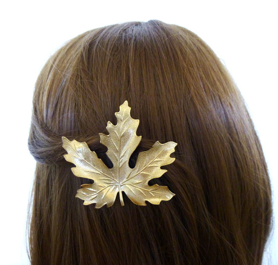 Wedding - Large Maple Leaf Hair Clip Gold Maple Leaf Barrette Autumn Fall Bridesmaids Fall Bride Rustic Woodland Wedding Gold Bridal Hair Accessories