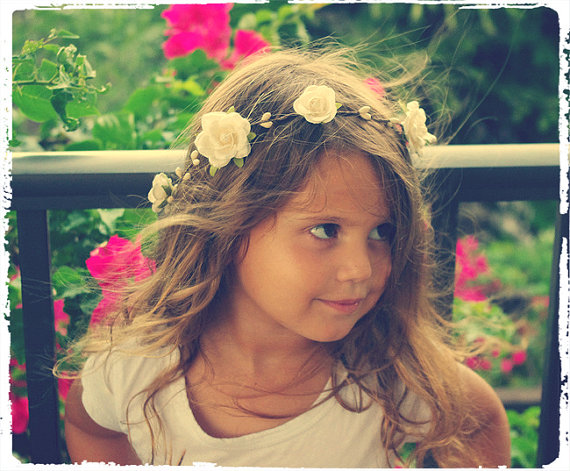 زفاف - Twine and Small Mini Rose Flowers Wedding Bridal Hair Wreath - Ivory Cream - MORE Colors Flower Girl Hair Head