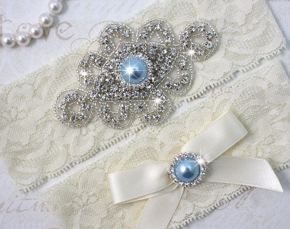 Hochzeit - Best Seller - ZANNA - Light Blue Pearl Wedding Garter Set, Ivory Lace Garter, Rhinestone Crystal Bridal Garters, Something Blue