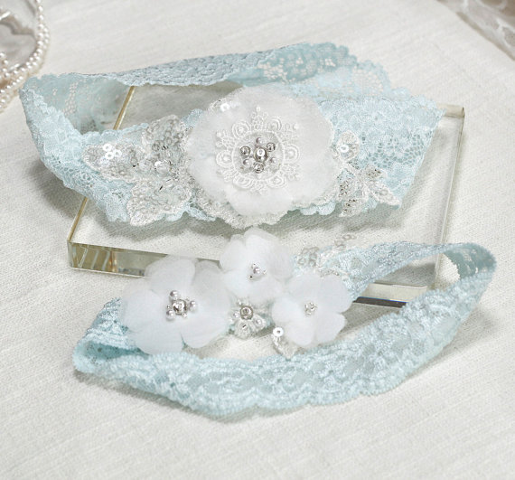 Hochzeit - Blue Garter Set, Wedding Garter Set, Blue Lace Garters, Lace Garter Set, Floral Garter Set, Bridal Garter Set