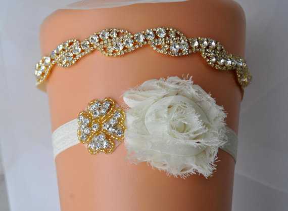 Hochzeit - Gold Luxury Garter Crystal Bridal Set Wedding Garter Set Ivory White Shabby Chic Rhinestone Gold Rhinestone Garter and Toss Garter Set