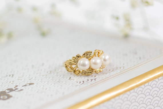 Wedding - Pearl Ring, Gold Ring, Freshwater White Pearl Rings, Gemstones Ring, June Birthstone Ring, Statement Rings, Gift For Her, Gold Jewelry