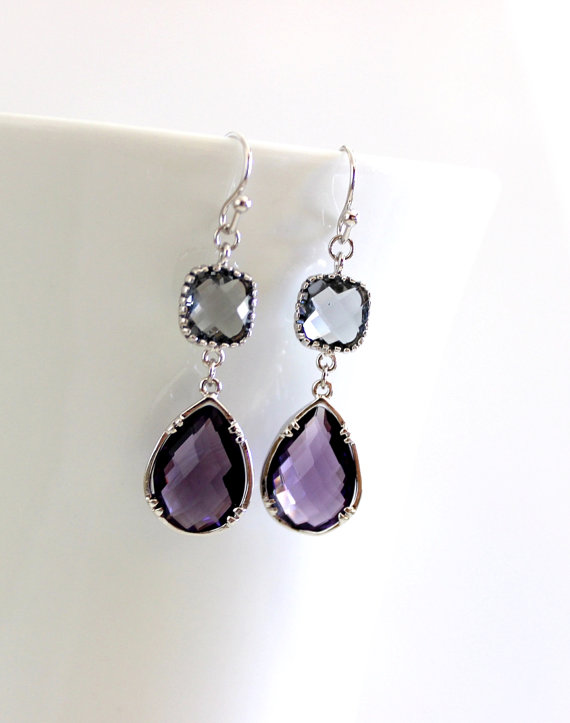 زفاف - Purple earrings, Gray drop Earrings, Bridesmaid Gift Wedding Earrings Bridal Jewelry ,Puple DanlgeEarrings, Gray Earrings, Gift