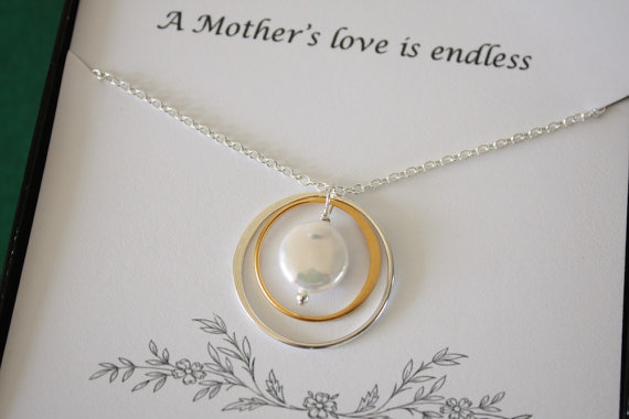 زفاف - Mother Gift, Mother Necklace, Endless Love, Thank You Card, White Pearl, Silver & Gold Necklace, Karma