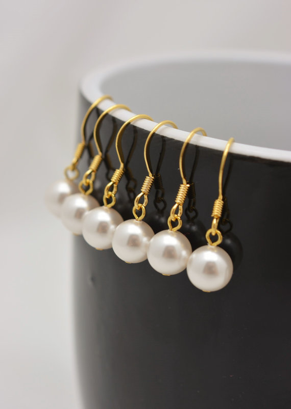 Wedding - 3 Pairs Gold Bridesmaid Pearl Earrings, Set of 3 Bridesmaid Pearl Earrings, Gold Pearl Earrings, Pearl Drop Gold Earrings 0328