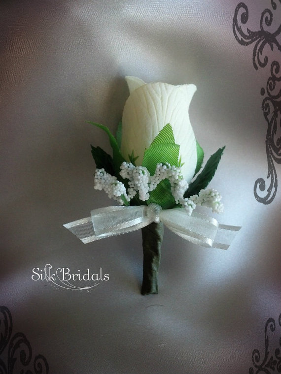 Mariage - RESERVED for sbradam Ivory cream Rose Boutonniere navy blue Groom groomsman bridal silk wedding flowers x 14