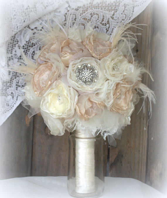 Hochzeit - Brooch Bouquet,Bridal Bouquet,Fabric Bouquet, Vintage Bouquet,Champagne and Ivory, alternative bouquet, wedding flowers, feather bouquet