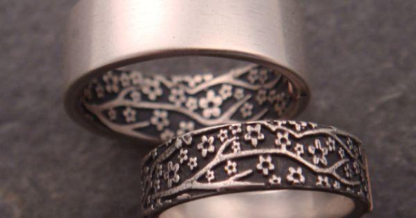Wedding - Opposites Attract Wedding Band Set -- Cherry Blossom Pattern In Sterling Silver