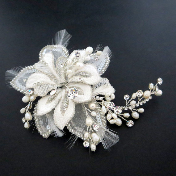 زفاف - Beaded Bridal headpiece, Flower hair comb, Bridal hair clip, Wedding headpiece, Bridal hair comb, Flower hair clip, Hair accessory