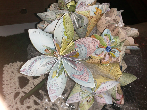 زفاف - Personalized Map Flower Bouquet With 15 Origami Map Flowers