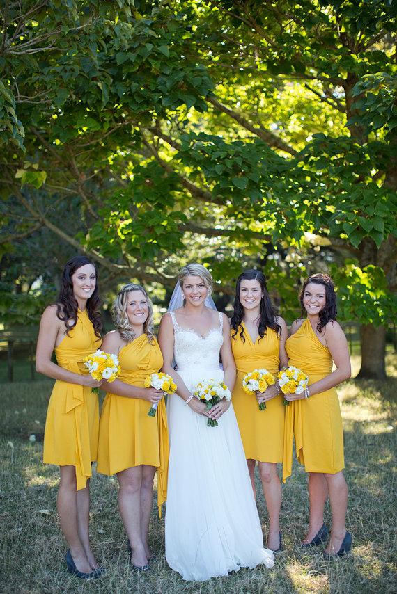 Mariage - Golden Yellow Bridesmaids Convertible Wrap Twist Knee Length Dress...Bridesmaids, Wedding, Honeymoon, Beach, Cocktail Party, Prom